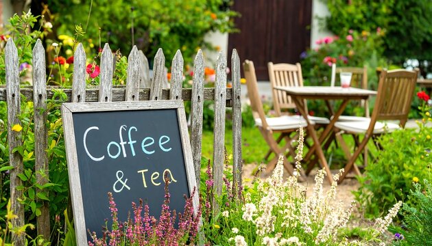 A charming outdoor caf? setting with a wooden fence, colorful flowers, and a chalkboard sign reading "Coffee & Tea." - Powered by Adobe