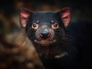 Close-up of a black marsupial with distinctive facial features and expressive eyes, showcasing its unique characteristics in a natural environment, highlighting wildlife beauty
