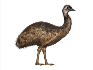 Large, flightless bird with long neck and brown plumage stands gracefully on white background, showcasing unique features and natural beauty of this fascinating species