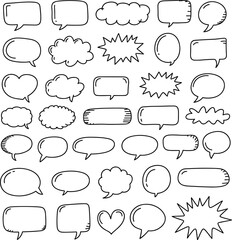 Hand drawn speech bubbles, doodle chat balloon, comic thought cloud, sketch vector set, cartoon communication elements, empty dialog box design