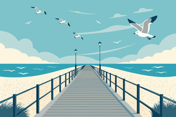 Serene boardwalk meets vast ocean under a seagull's watchful eye.