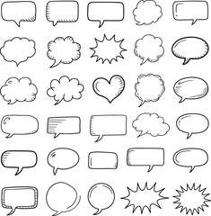 Hand drawn speech bubbles, doodle chat balloons, cartoon thought clouds, comic style sketch vector, communication elements, empty dialog box design set