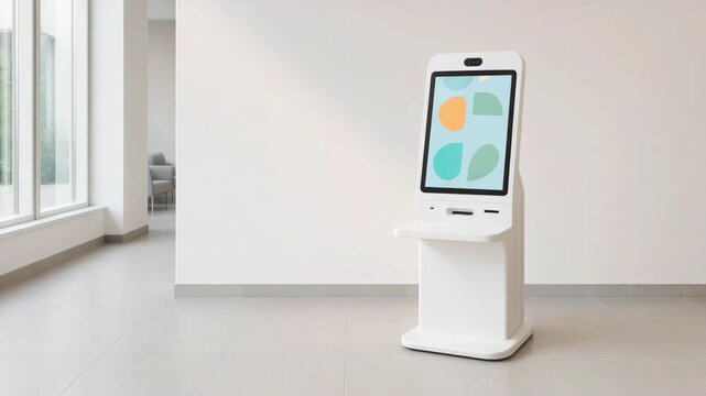 Self-Service Touchscreen Kiosk in Modern Lobby &ndash; Check-In and Payment Terminal, Digital Signage Display, No People, Copy Space