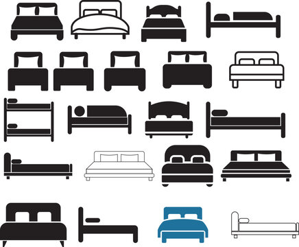 outline silhouette bed icon set isolated on white background. Side view bed icon