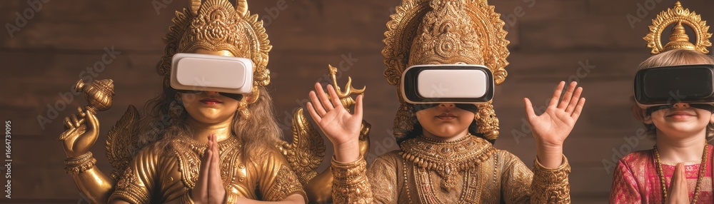Poster children engaging with augmented reality headsets to experience ai-driven animations in a playful le