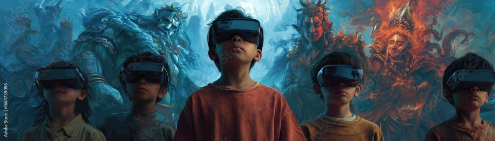 Poster children wearing augmented reality headsets engage with ai-driven animations in a playful learning e