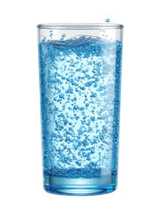 Glass of Sparkling Blue Water with Bubbles and Droplet.