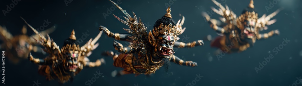 Poster a visual representation of floating ai drones projecting ravana heads, blending technology with cult