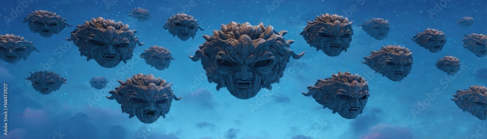 Poster floating ai drones project ravana heads in an imaginative display, merging technology with mythology