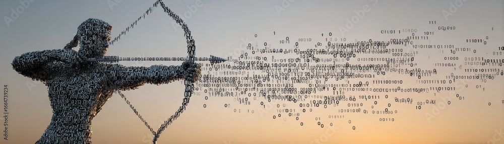 Poster a futuristic depiction of a ravana effigy dissolving into binary code, blending tradition with techn