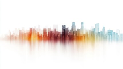 Urban skyline silhouette with vibrant colors and soft reflections