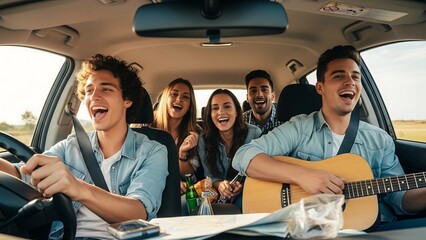 A group of young friends enjoy a joyful road trip, laughing and singing inside the car under natural sunlight. Captured candidly with lifestyle and cinematic travel photography.