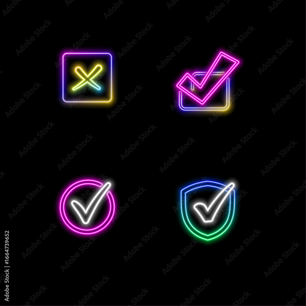 Poster right and wrong icon, tick and cross symbol. neon style.tasks completed, actions checked and selecti