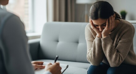 A person in therapy, looking depressed while having a session. A therapist is taking note to provide assistance to the person