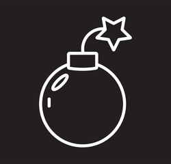 Vector illustration of a cartoon bomb with a lit fuse and star-shaped spark in black outline on a white
