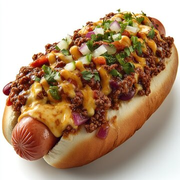 Savory hot dog loaded with chili, cheese, and fresh toppings ready for a tasty bite