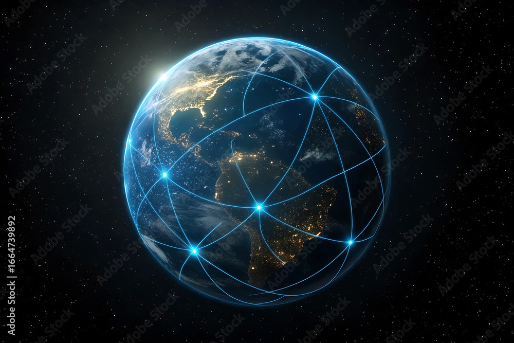 Aufkleber global communication network illustrated with earth in space and glowing connections emphasizing glo
