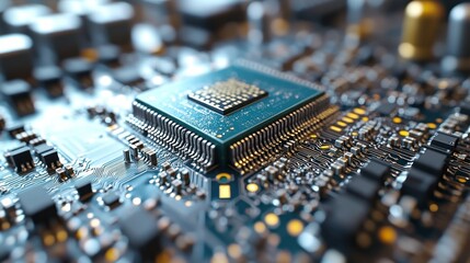 CLOSEUP VIEW OF A MICROPROCESSOR ON A CIRCUIT BOARD WITH INTRICATE DETAILS AND COMPONENTS