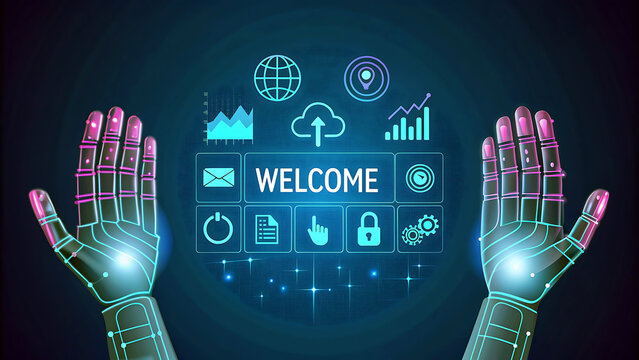 Futuristic Welcome Concept with Robotic Hands and Digital Icons Revealing Advanced Technological Innovation and Business Solutions for a Modern World
