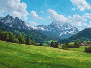 Obraz premium Fresh green meadows in spring, Alps in background