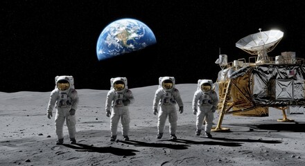 Astronauts Walking on Moon Surface with Earth in Background and Lunar Module