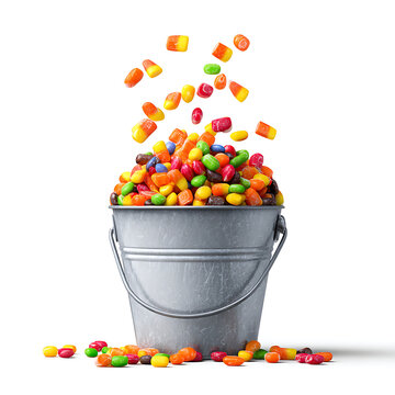 Colorful jelly beans pouring into a galvanized metal bucket