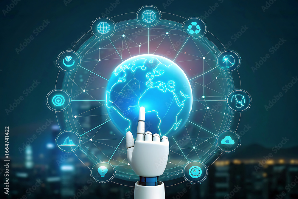 Aufkleber global network connectivity and artificial intelligence with robotic hand reaching out to touch the 