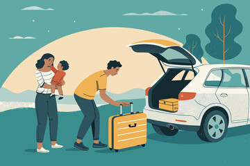 Mother holding baby, father packing suitcase for travel.