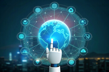 Global Network Connectivity and Artificial Intelligence with Robotic Hand Reaching Out to Touch the World Map for Futuristic Technology and Innovation
