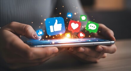 Person holding smartphone with social media icons and notifications floating