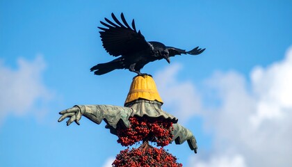 A raven perched atop a scarecrow's head against a vibrant blue sky dotted with fluffy white clouds.