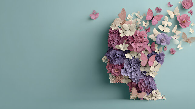 Cardboard silhouette of human head decorated with flowers and butterfly on mint background World mental health day concept Vertical banner Copy space : Generative AI