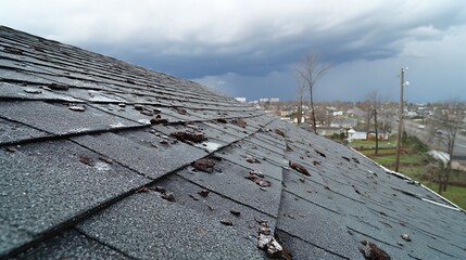 Inspecting Roof Damage From Storm with Dark Clouds Above City