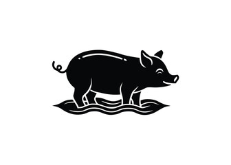 Vector art of a stylized black and illustration of a pig standing in water, isolated a