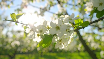 Sun Shine Through White Flowers On Branches. Spring Season. Tree Blossom Natural Background In Broad Daylight With Sun Highlight Though Branches	