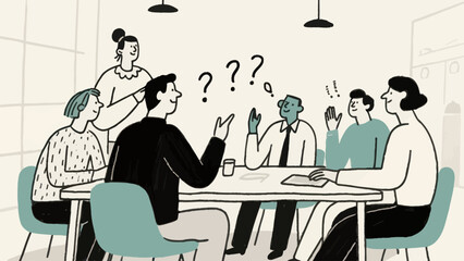 Illustration of a diverse group of people in a meeting, discussing ideas and brainstorming solutions around a table.