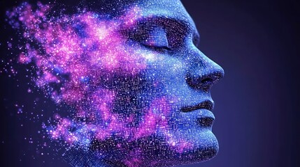 A tranquil figure merges with a colorful nebula, embodying cosmic energy