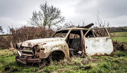 Abandoned rusted car in field