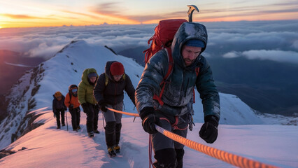 Mountaineers ascending a snowy ridge at sunrise, roped together above clouds.