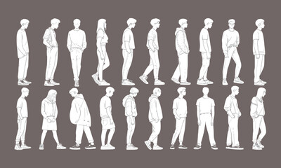 Young people standing and walking, casual streetwear fashion, modern youth silhouettes, digital line art, diverse urban style, vector illustration