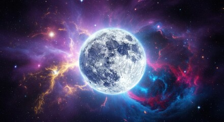 Fototapeta premium Full Moon in Space Surrounded by Colorful Nebula Clouds and Stars