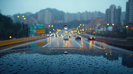 Obraz premium Water droplets cling to the windshield as vehicles navigate a rainy city road at dusk