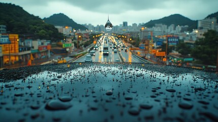 Raindrops collect on a rooftop as traffic flows through a dusky, cloudy city