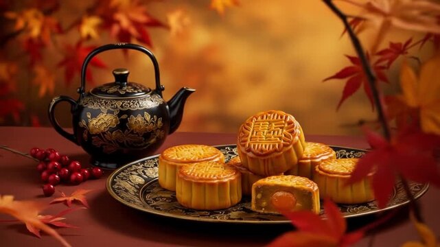 Still life of mooncakes on a plate with a teapot and autumn leaves background art