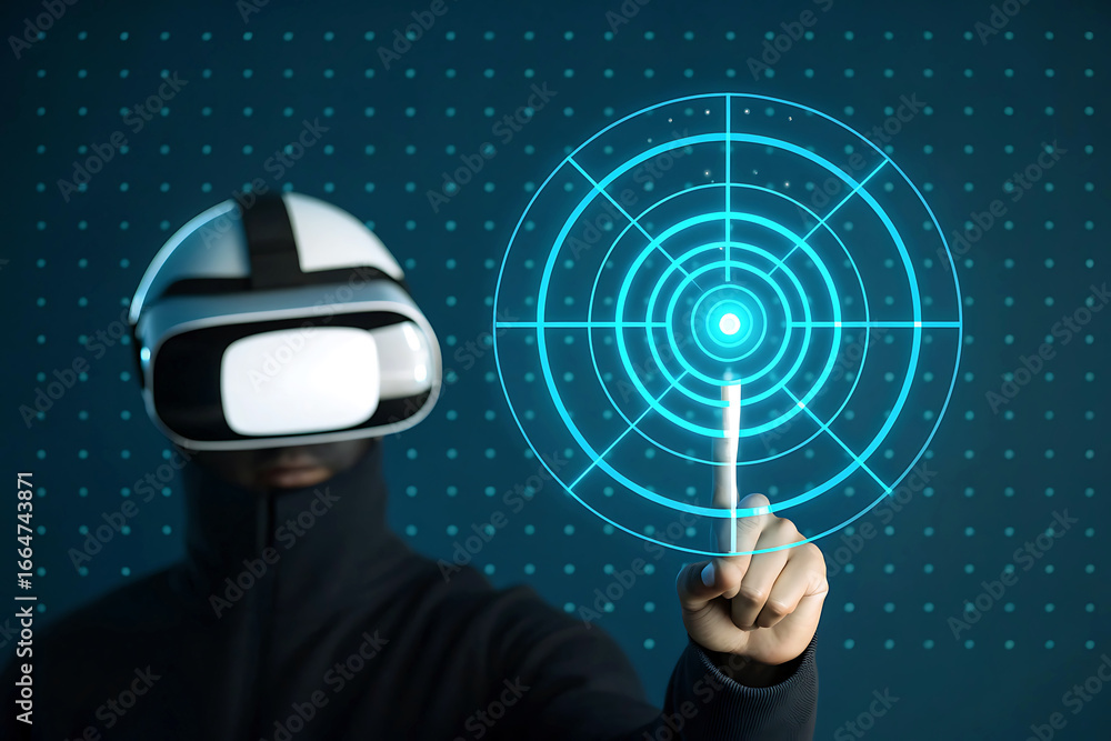 Poster immersive virtual reality experience with futuristic interface and intuitive interaction exploring d