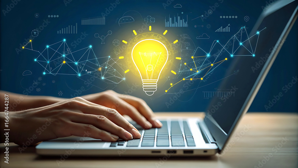 Aufkleber innovative idea generation with laptop and lightbulb visualization for business strategy and creativ