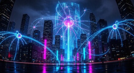 Futuristic Cityscape with Neon Light Technology Network in Night Scene