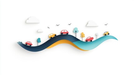 Colorful Paper Cut Cars on Wavy Landscape with Trees and Clouds