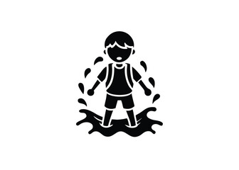 Vector art of black and icon of a child jumping in a puddle, representing fun and childhood activities