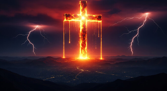 Dramatic glowing cross with lightning strikes over mountains at night, evoking faith